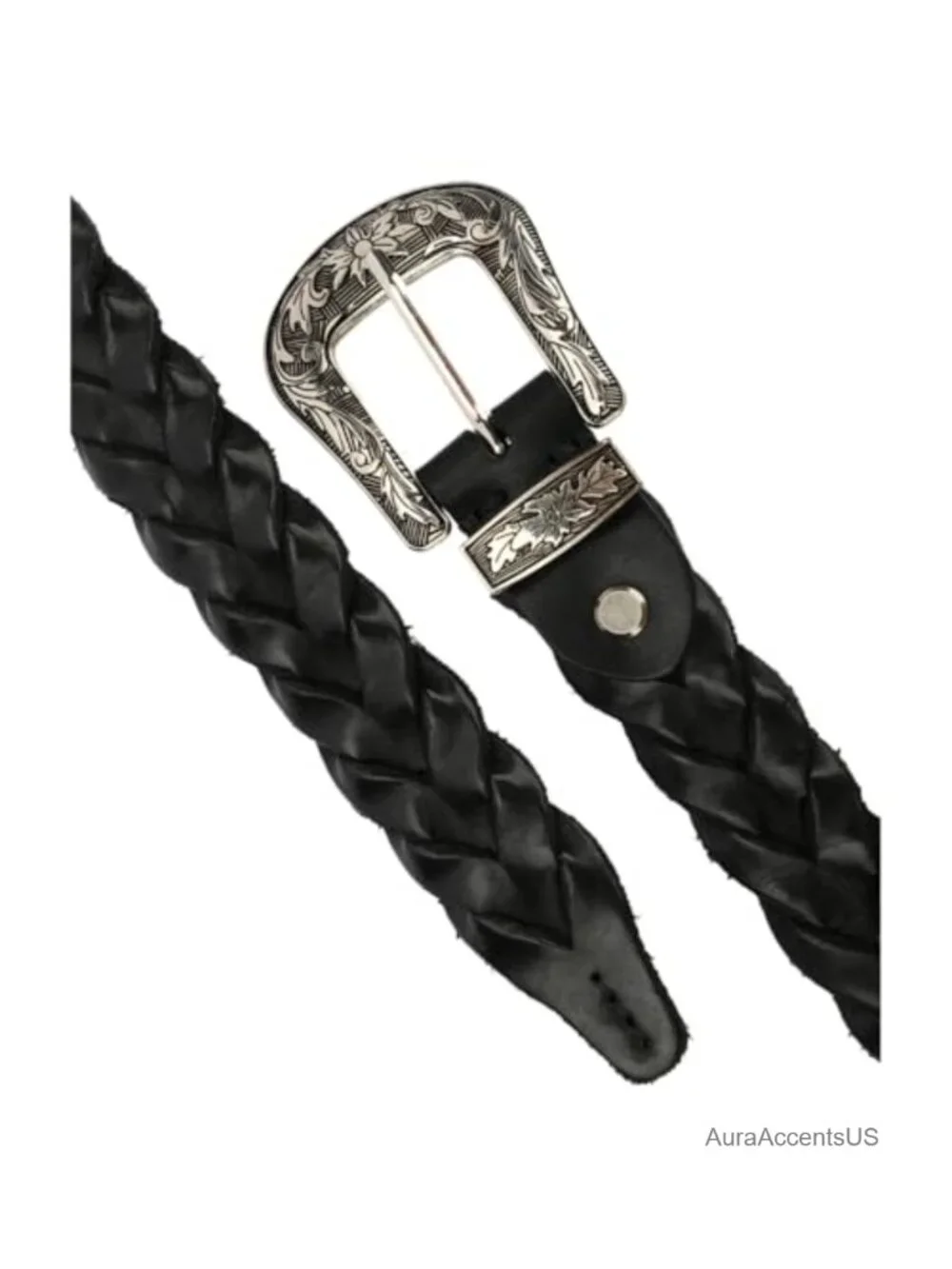 Genuine Leather Woven Western Belt with Engraved Metal Buckle